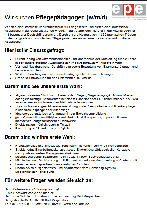 Stellenanzeige: Pflegepädagogen gesucht